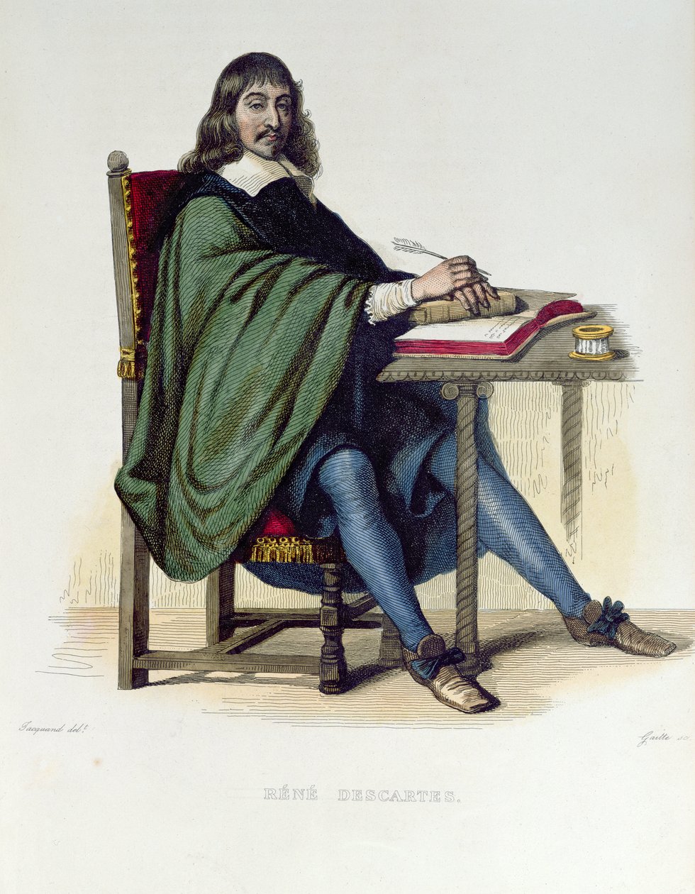 रेने डेकार्टेस (1596-1650), पेरिस में प्रकाशित &39;द फ्रेंच प्लूटार्क&39; एन ई.मेन्नेचेट का चित्रण, 1835 (रंग उत्कीर्णन) द्वारा क्लाउड जैक्वैंड