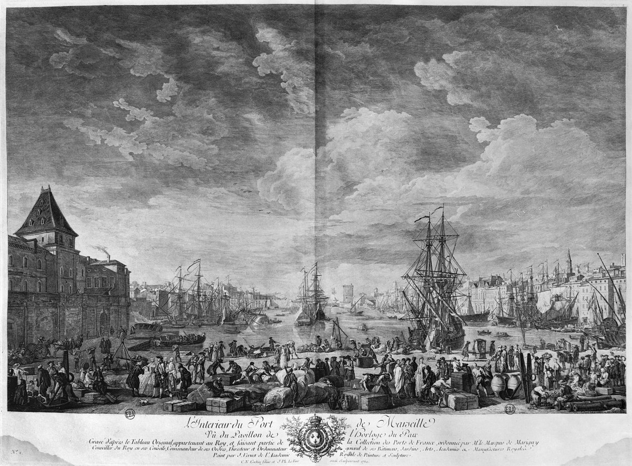 इनर पोर्ट पोर्ट ऑफ़ मार्सिले, जिसे मंडप डु पार्क के मंडप से देखा जाता है, &39;लेस पोर्ट्स डी फ्रांस&39; की श्रृंखला, चार्ल्स निकोलस कोचीन द यंगर (1715-90) और जैक्स फिलिप ले बस (1707-83) द्वारा उकेरा गया है। द्वारा क्लाउड जोसेफ वर्नेट