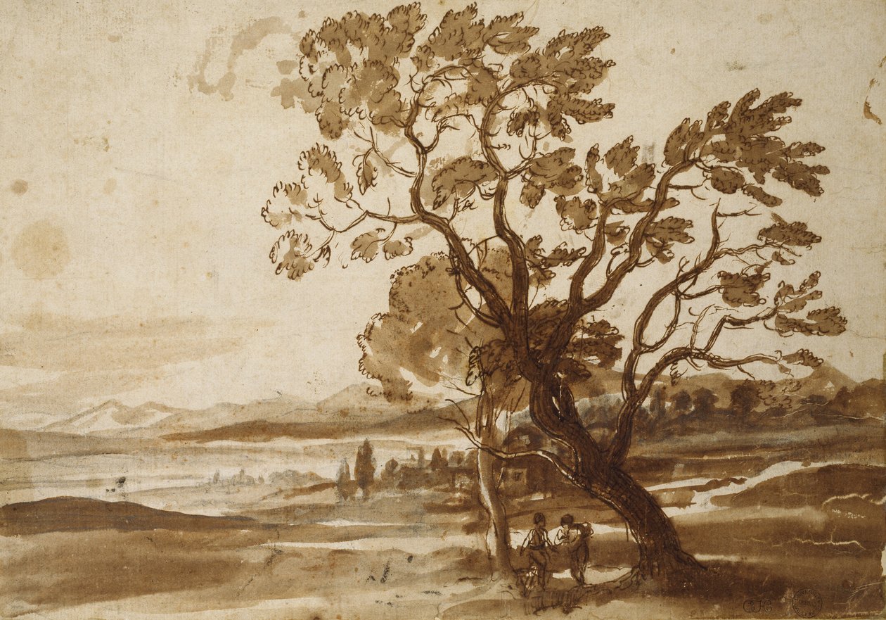दो पेड़ों के साथ लैंडस्केप, c.1638 (कलम और भूरे रंग की स्याही वाला काला चाक और ऑफ-व्हाइट पेपर पर भूरा धोना) द्वारा क्लाउड लोरेन