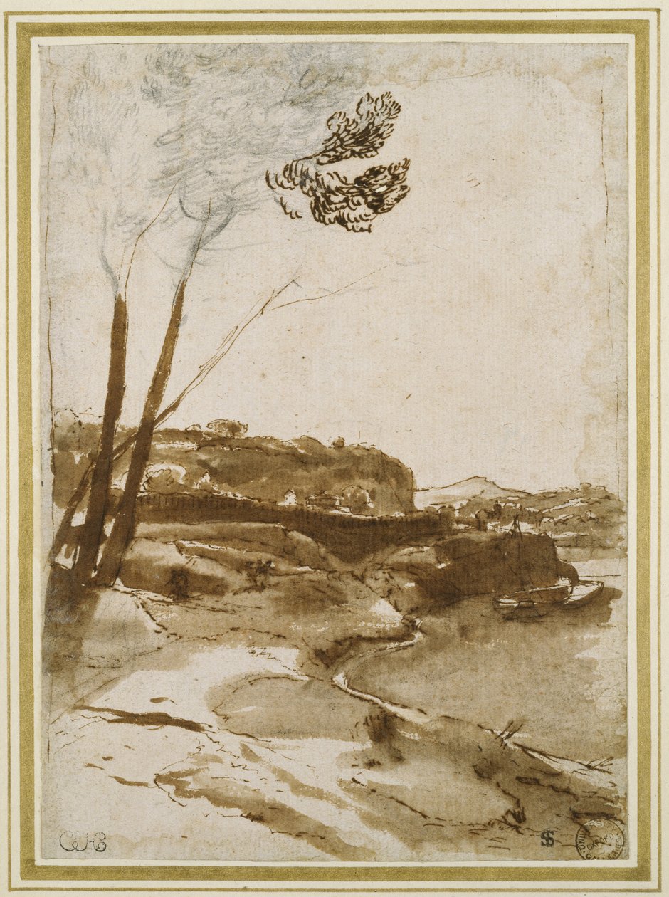 Tiber के साथ पथ, c.1635-40 (कलम और भूरे रंग की स्याही के साथ काला चाक और सफेद कागज पर भूरा धो) द्वारा क्लाउड लोरेन