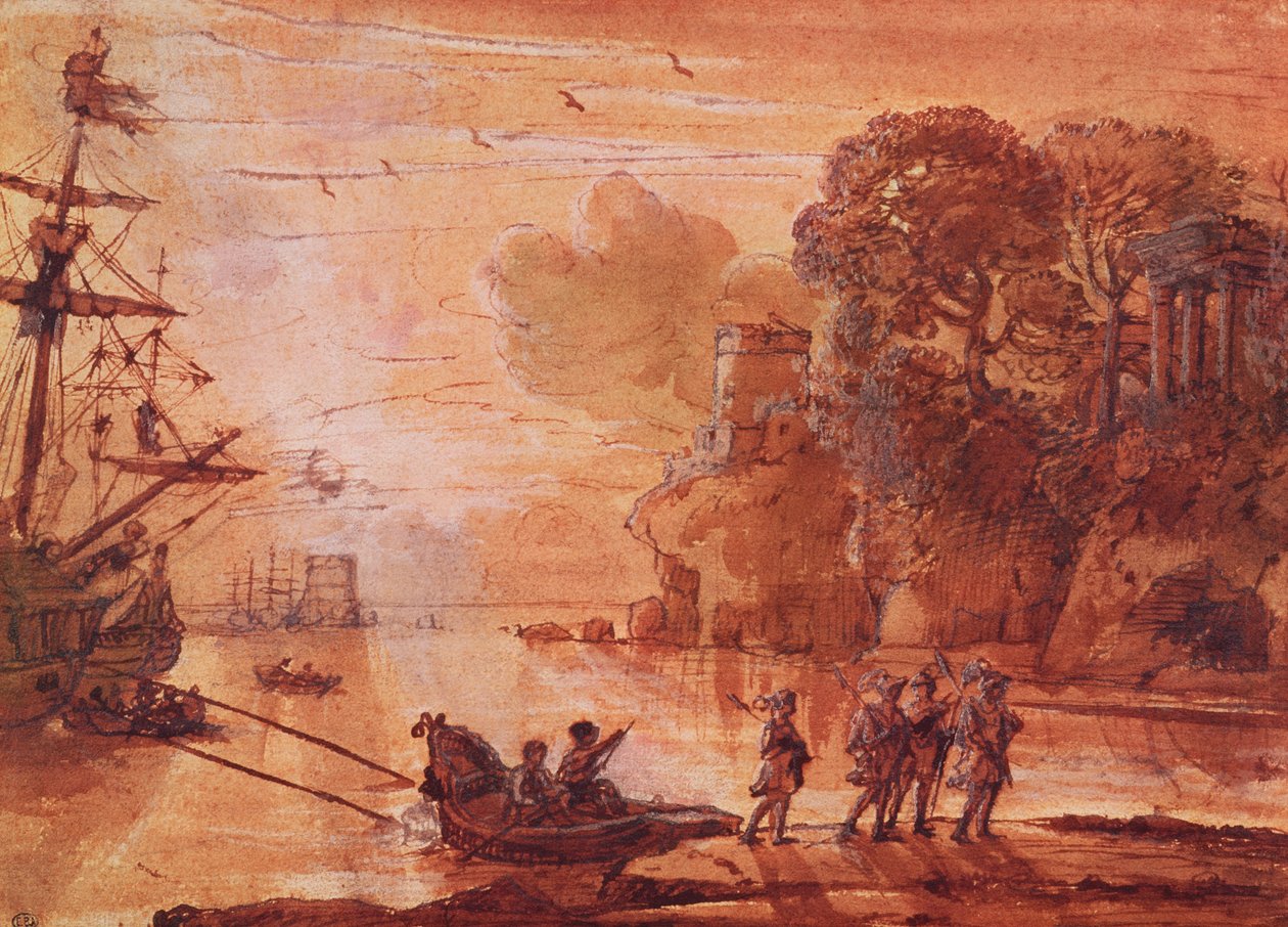 एक बंदरगाह में योद्धाओं का विस्थापन, संभवत: लाटियम में एनेसस, 1660-65 (कागज पर गौचे के साथ पेन und इंक वॉश) द्वारा क्लाउड लोरेन