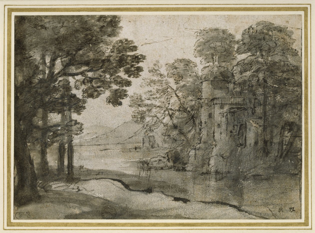 पेड़ों के बीच तरबूज, c.1635-38 (श्वेत पत्र पर काले चाक पर ग्रे वॉश के साथ कलम और काली स्याही) द्वारा क्लाउड लोरेन