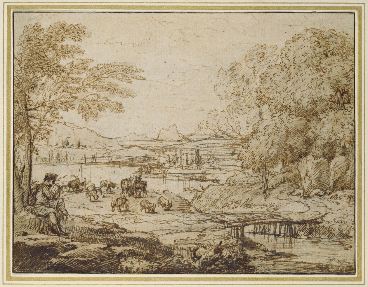 युवा एक देहाती लैंडस्केप में पाइप बजाते हैं, c.1640s (कलम और भूरे रंग की स्याही के साथ काला चाक और पीला बेज पेपर पर पीला भूरा रंग द्वारा क्लाउड लोरेन