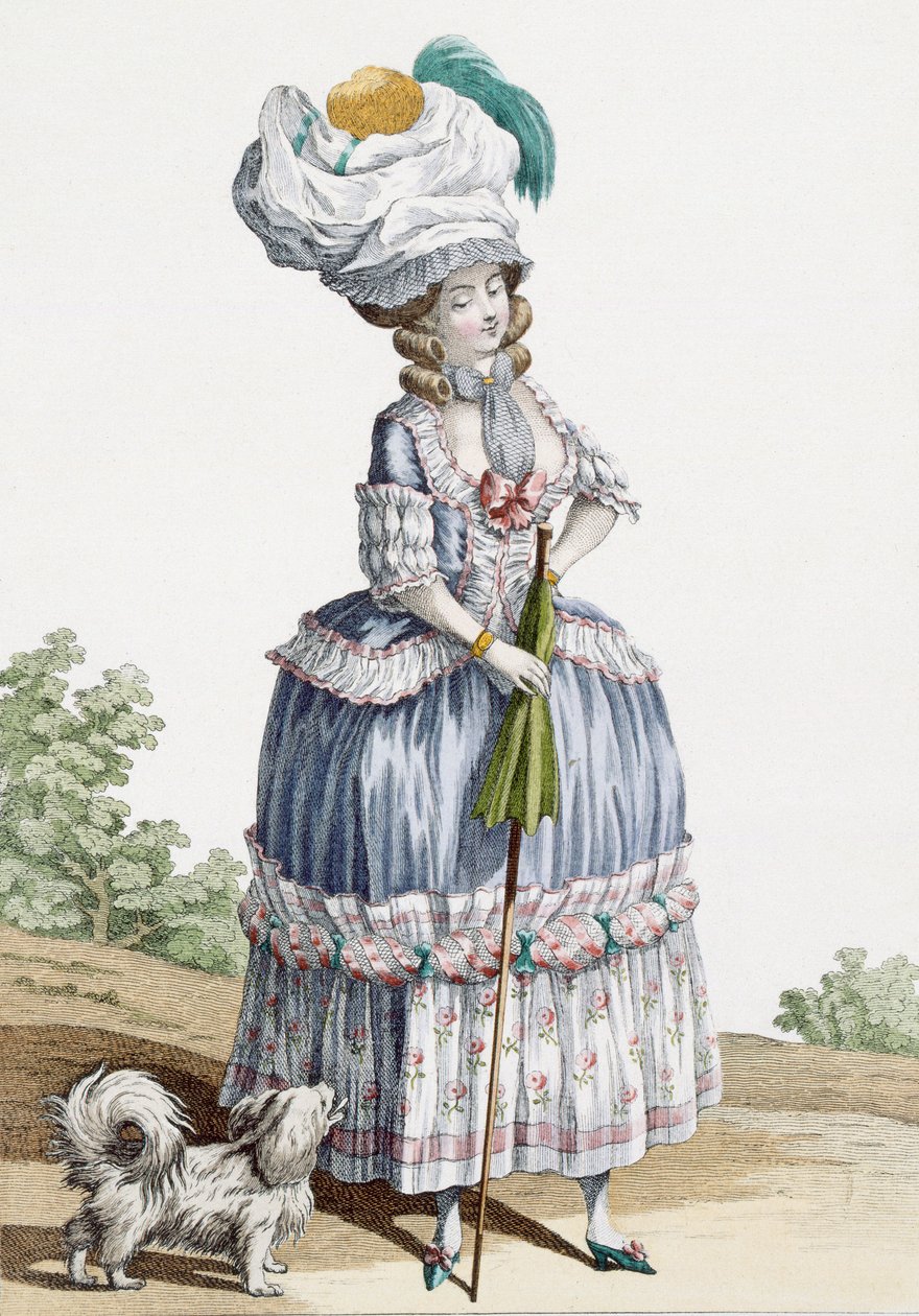 लेडी ने अपने कुत्ते को चलते हुए, वॉयसर्ड द्वारा उकेरा, &39;गैलीरीज डेस मोड्स एट कॉस्ट्यूम्स फ्रैंकेइस&39; से प्लेट नंबर 24, सी .778-87 99: कपड़े; पारंपरिक वस्त्र; पारंपरिक पोशाक; फैशन; Illu द्वारा क्लाउड लुई देसराय