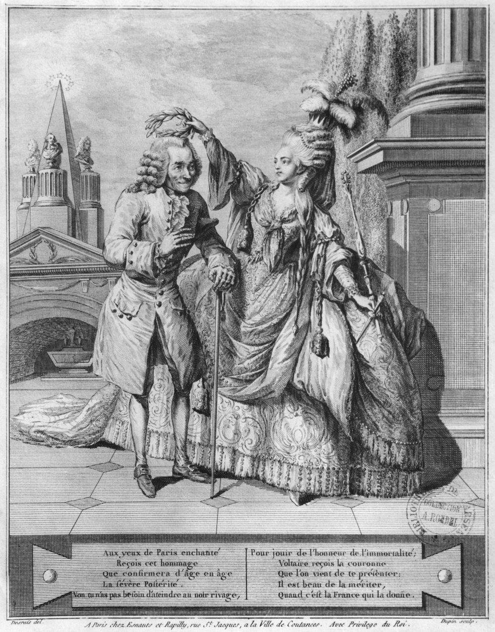 जीन विक्टर (b.1718) 1791 द्वारा उत्कीर्ण, मडेमॉस्सेल क्लेयरन द्वारा ताज पहनाया गया वोल्टेयर द्वारा क्लाउड लुई देसराय