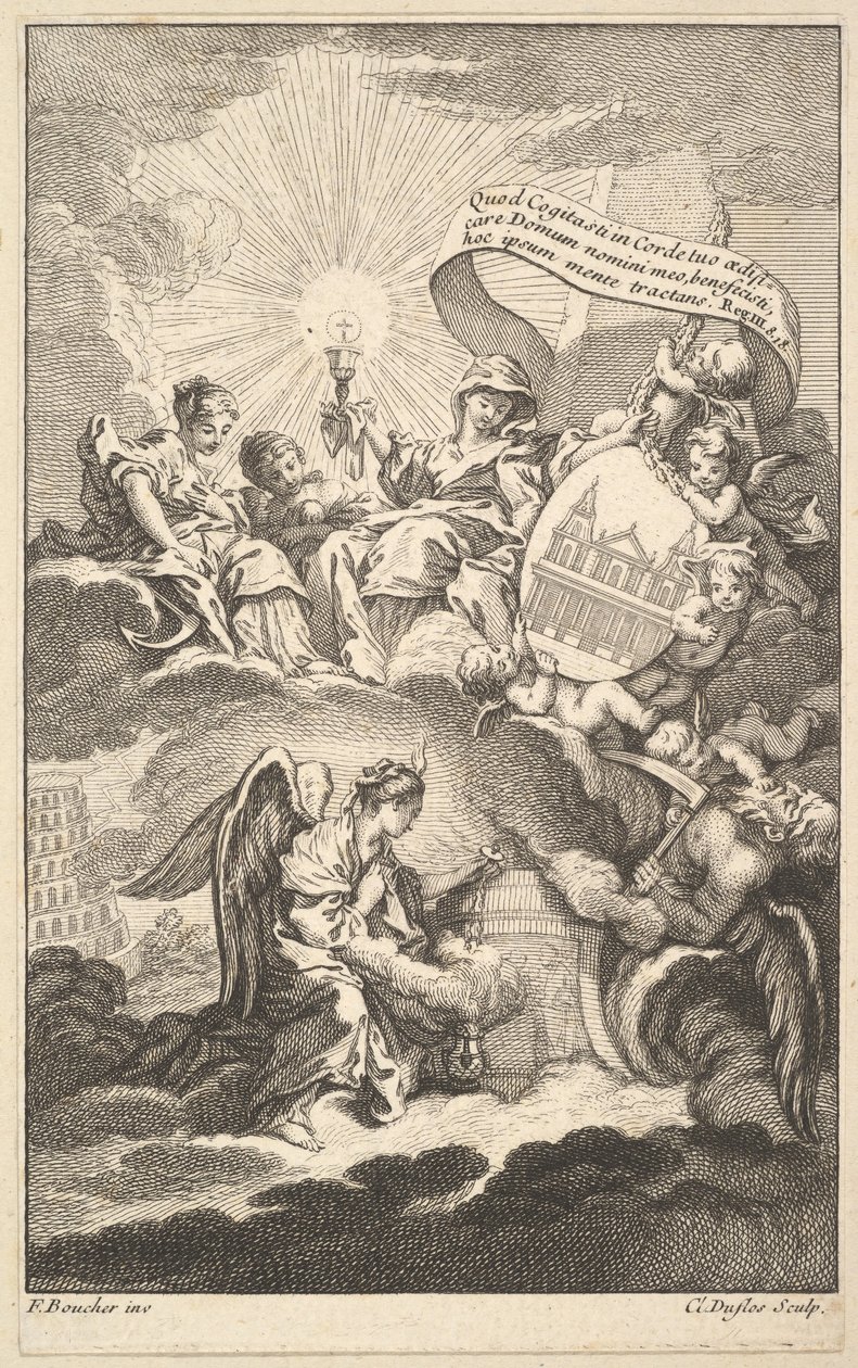 फ्रंटिसपीस, एलेक्सिस पिरोन द्वारा द बिल्डिंग ऑफ सेंट सल्पिस से, सीए। 1744. द्वारा क्लाउड ऑगस्टिन डफ्लोस