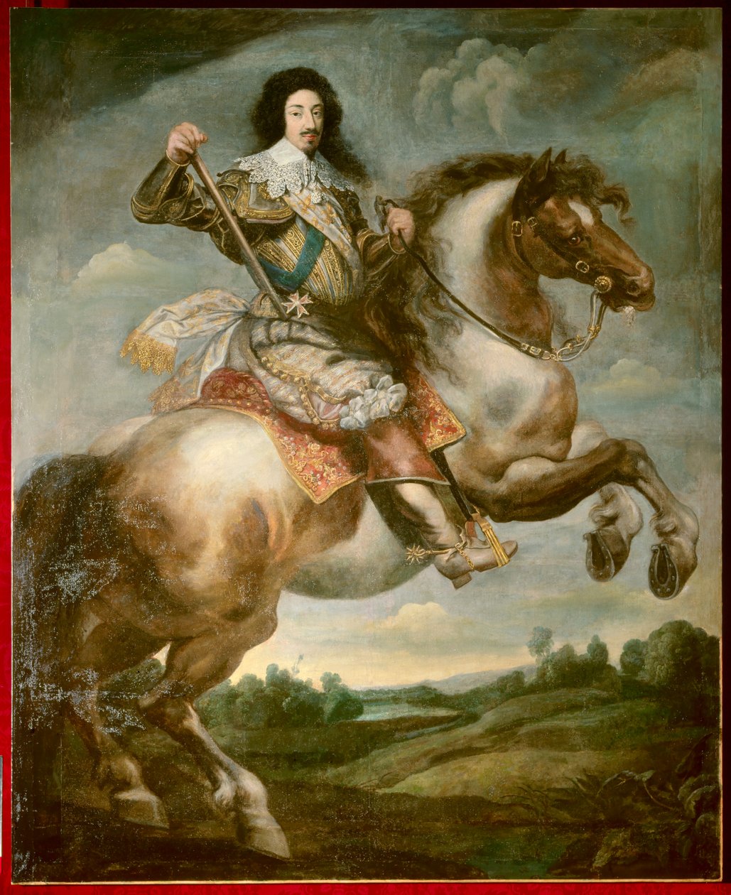 लुई तेरहवें (1601-1643) का अश्वारोही चित्र क्लाउड डेरुएट द्वारा चित्रित (1588-1662) 17वीं शताब्दी का सूर्य। 3,13 x 2,40 वर्ग मीटर द्वारा क्लाउड डेरुएट
