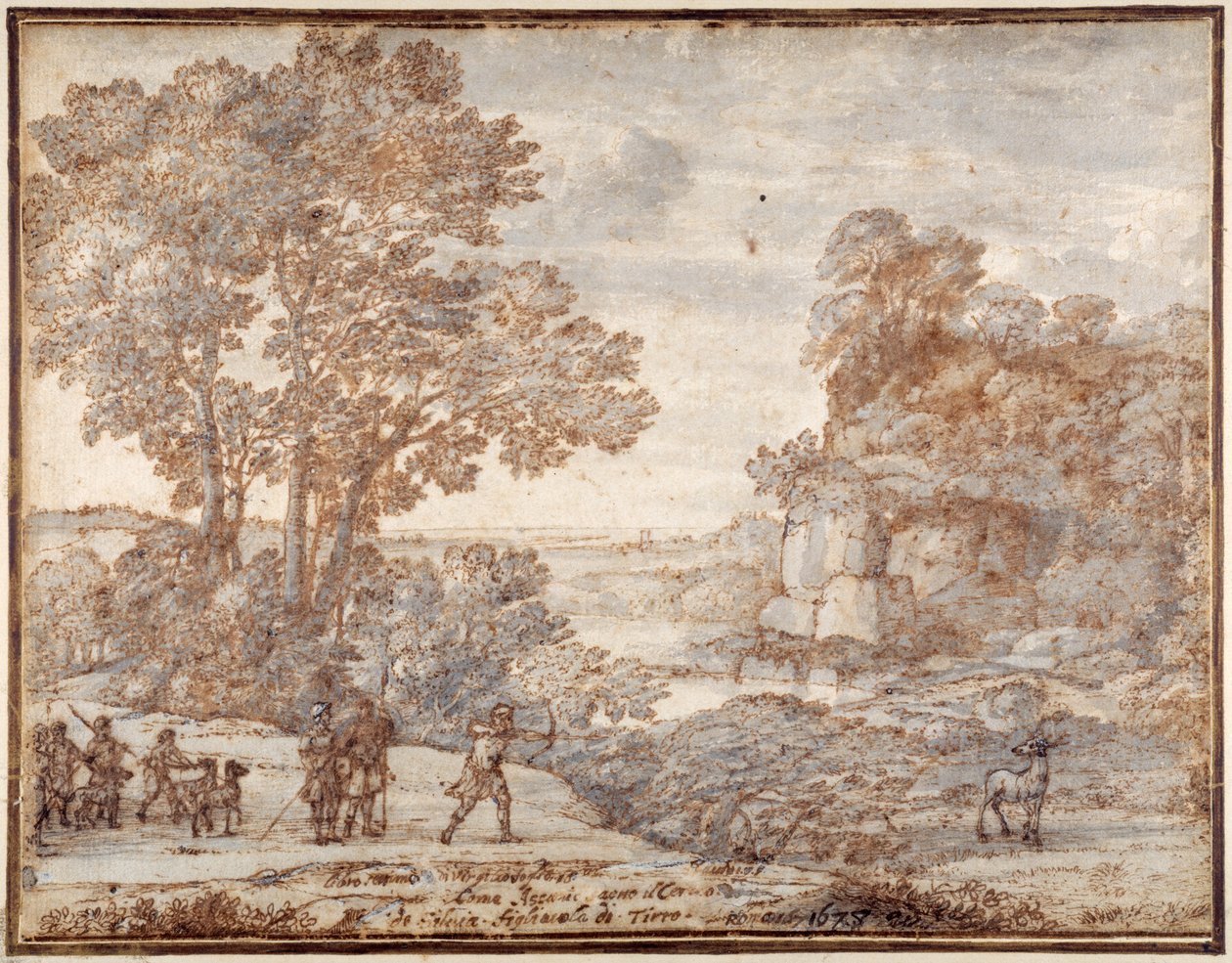 सिल्विया के हरिण की शूटिंग एस्कैनियस, c.1680 (कागज पर धोने के साथ कलम और स्याही) द्वारा क्लाउड लोरेन
