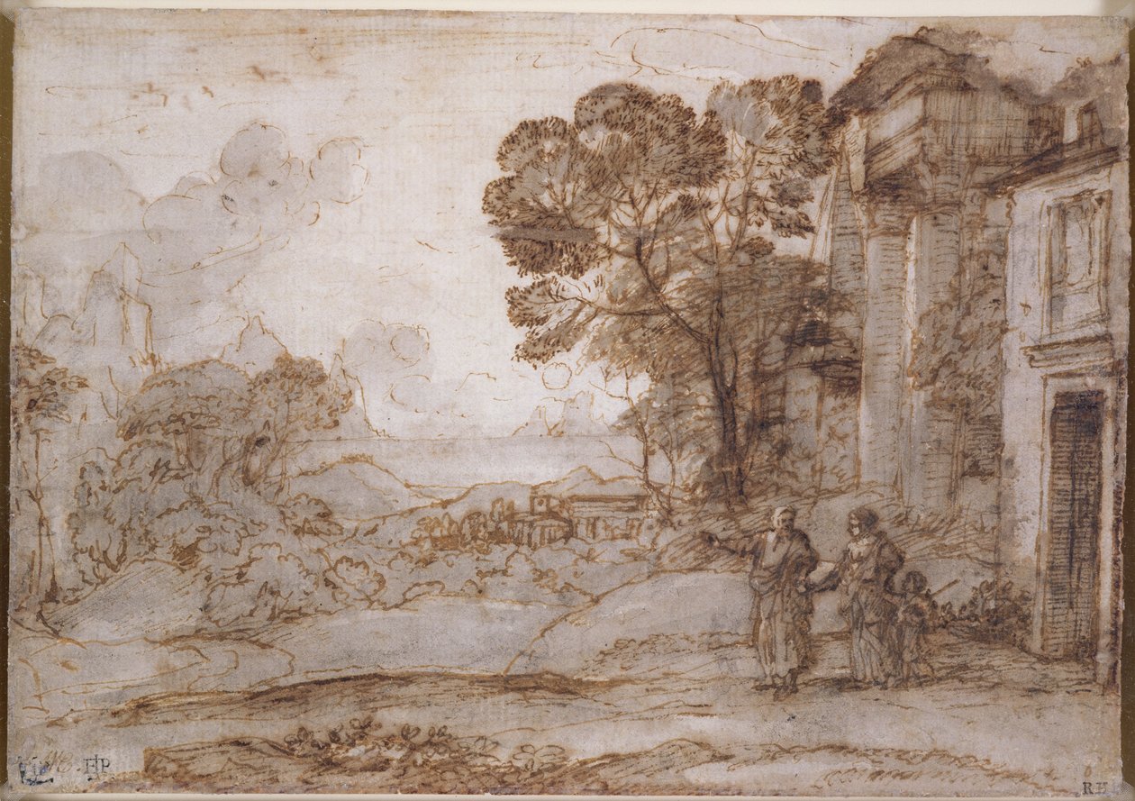 अब्राहम एक्सपेलिंग हैगर और इश्माएल के साथ लैंडस्केप, c.1665-67 (कागज पर कलम और स्याही और चाक से धोना) द्वारा क्लाउड लोरेन