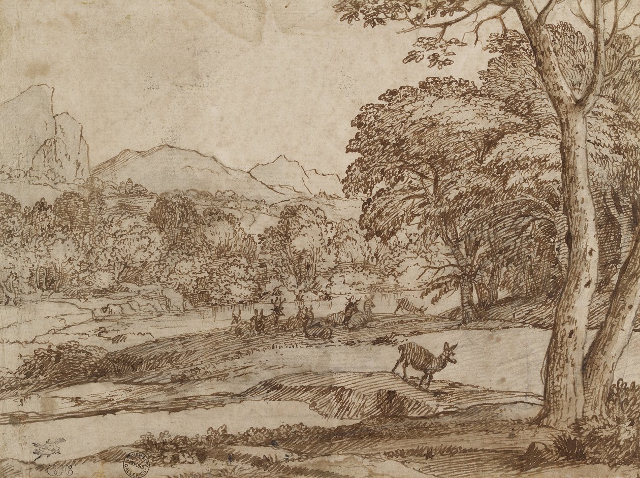 हिरण के झुंड के साथ लैंडस्केप, 1666 (काले चाक, घिसे हुए, कलम और सफेद स्याही से भूरे रंग के स्याही से बंद) द्वारा क्लाउड लोरेन