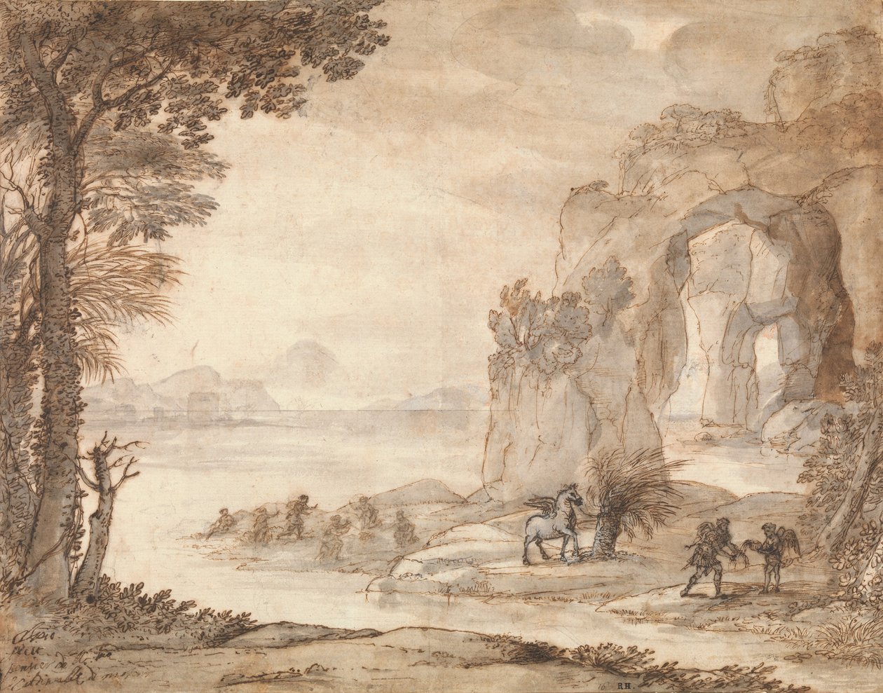 पर्सियस एंड द ओरिजिन ऑफ कोरल, c.1671 (काली चाक, सीपिया और काली स्याही, सीपिया और सफेद के साथ ग्रे वॉश) द्वारा क्लाउड लोरेन