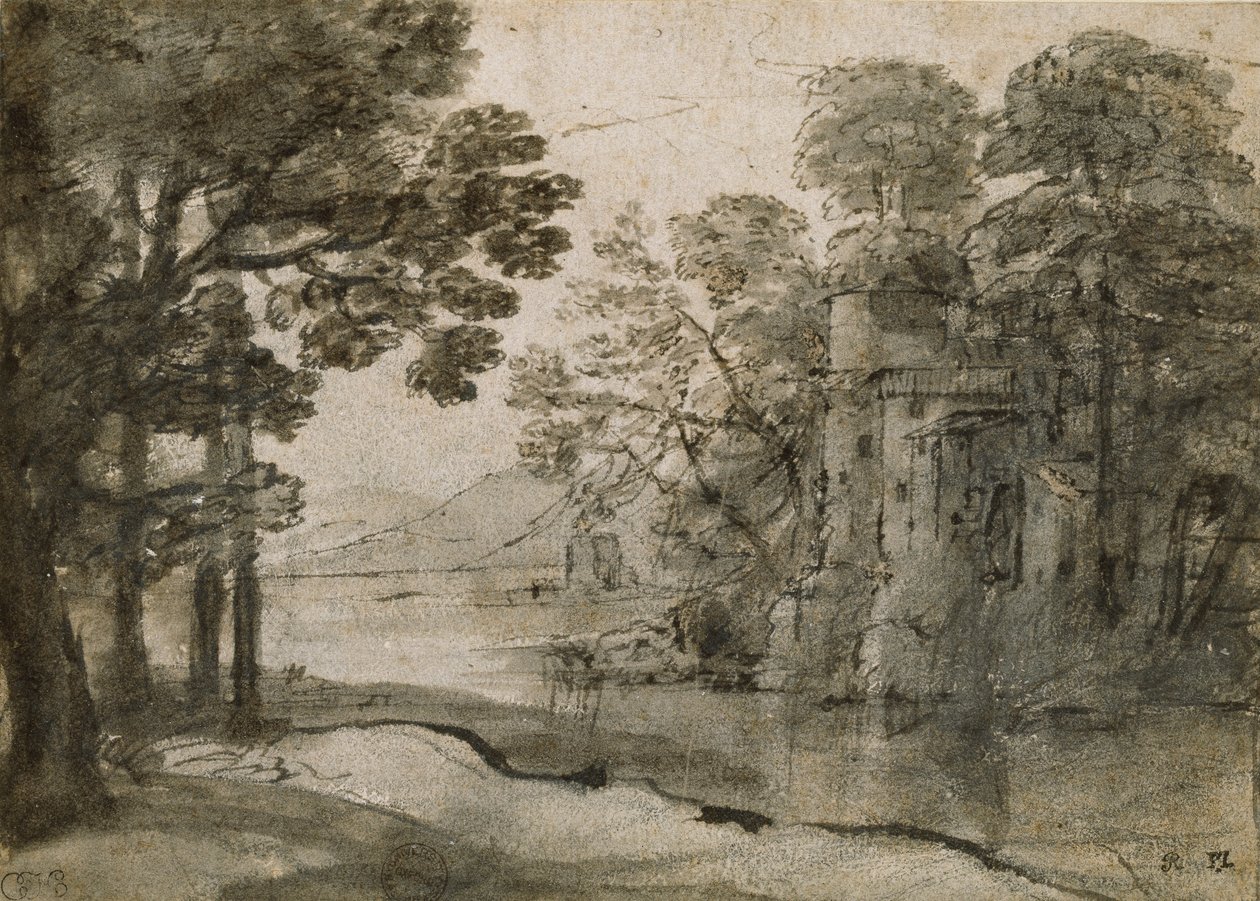 पेड़ों के बीच पनचक्की, c1635-1638 द्वारा क्लाउड लोरेन