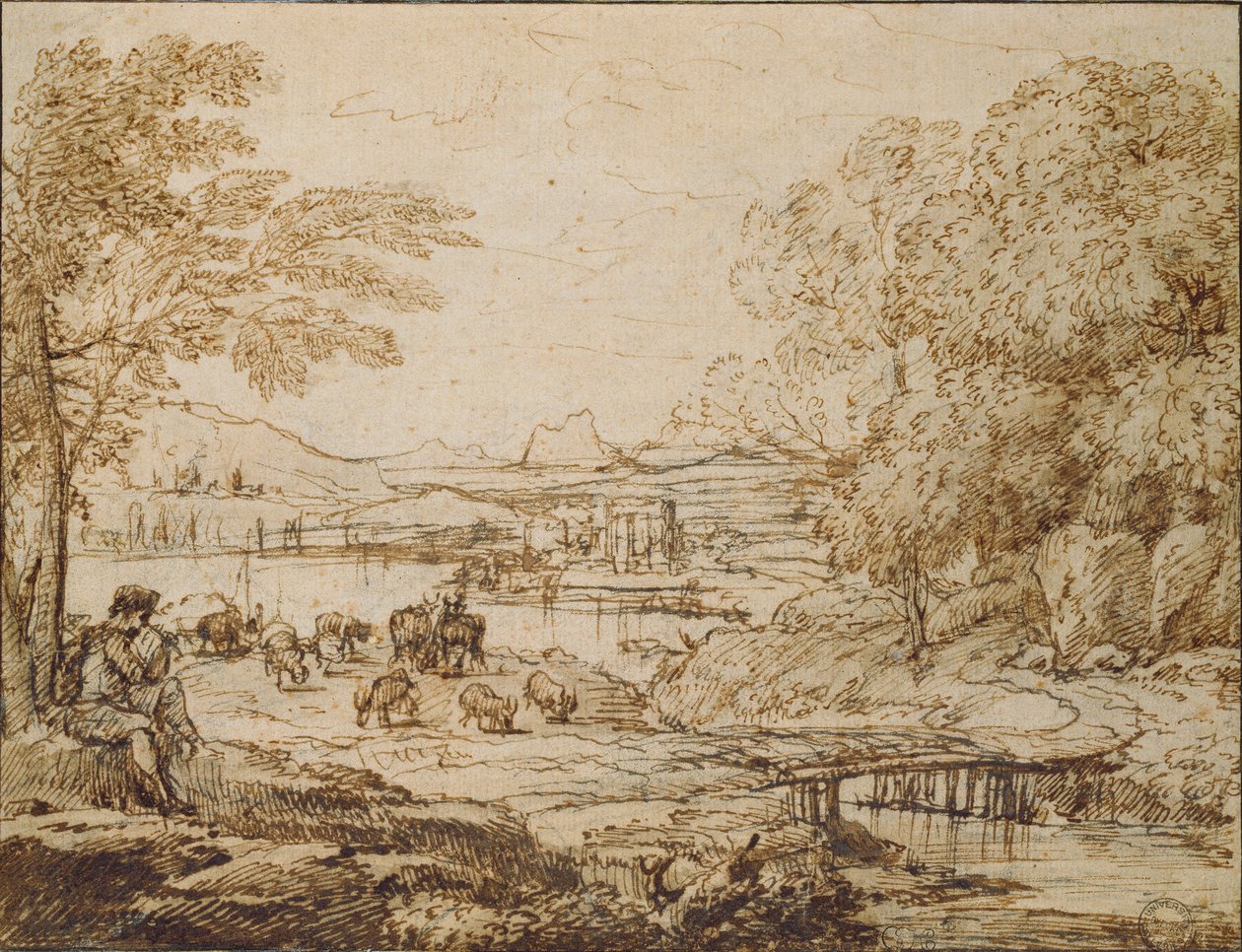 देहाती लैंडस्केप में पाइप बजाते युवा, c1640s द्वारा क्लाउड लोरेन