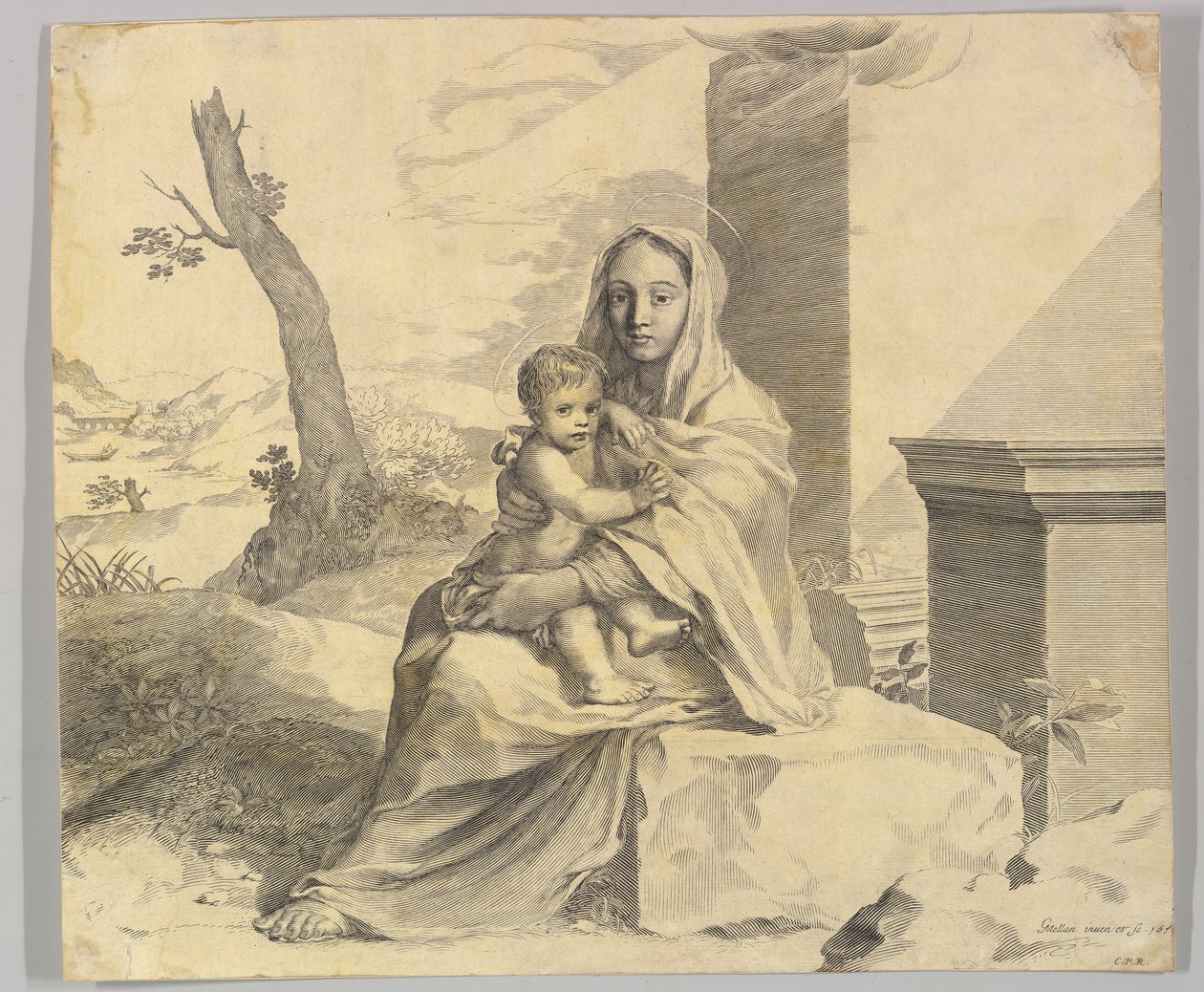 वर्जिन और बाल एक रॉक वर्जिन पर बैठे और खंडहर, 1659 में बच्चे। द्वारा क्लॉड मेलन