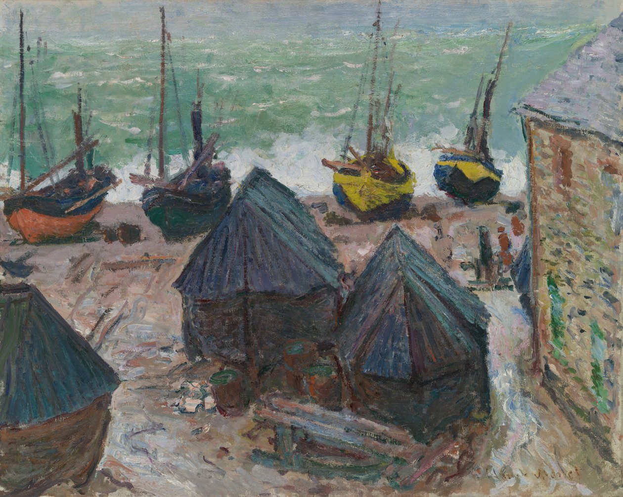 Étretat, 1885 में समुद्र तट पर नावें। द्वारा क्लाउड मोनेट