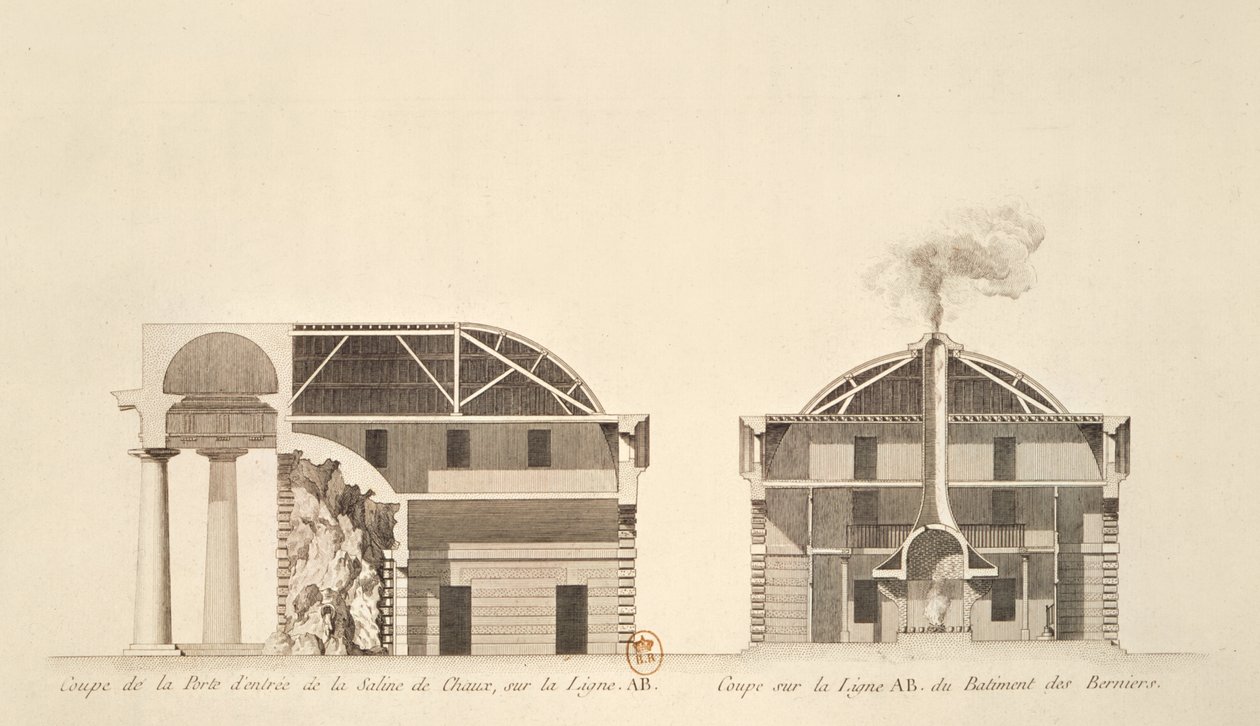 नमक के प्रवेश द्वार का क्रॉस-सेक्शन, आदर्श शहर Chaux में काम करता है, c.1801 द्वारा क्लाउड निकोलस लेडौक्स