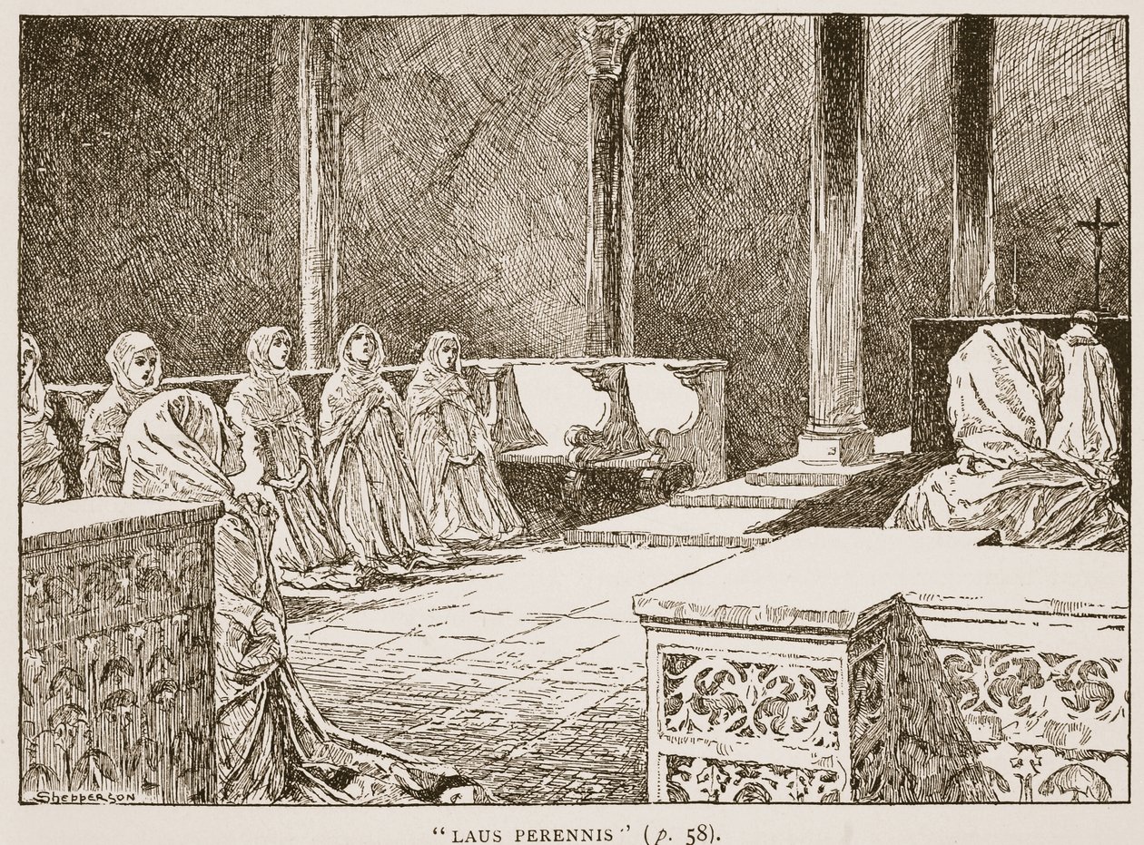 Laus Perennis, HDM Spence-Jones, पब द्वारा &39;द चर्च ऑफ़ इंग्लैंड: ए हिस्ट्री फॉर द पीपल&39; का चित्रण। c.1910 (सीपिया फोटो) द्वारा क्लाउड शेपर्सन
