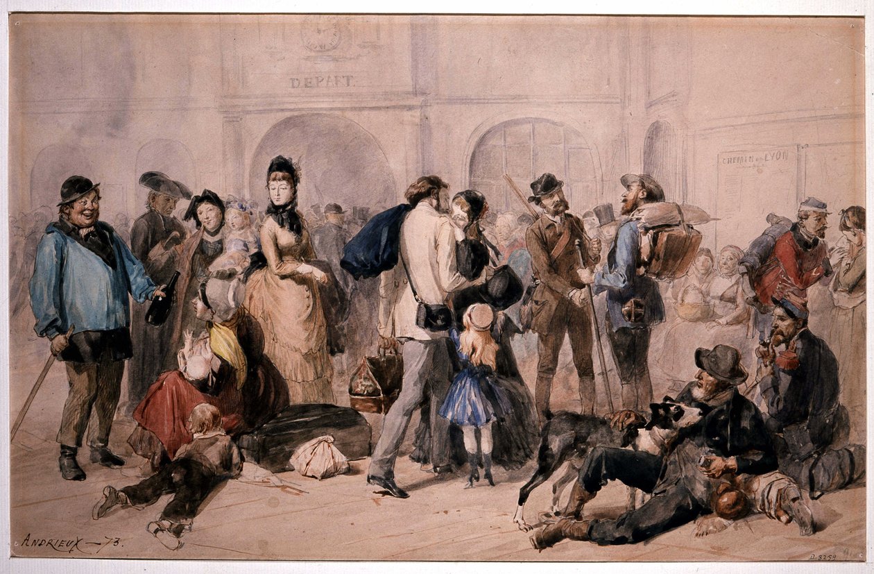 Andrieux . द्वारा गारे डे ल्यों की लॉबी में भीड़ द्वारा क्लेमेंट अगस्टे एंड्रीक्स