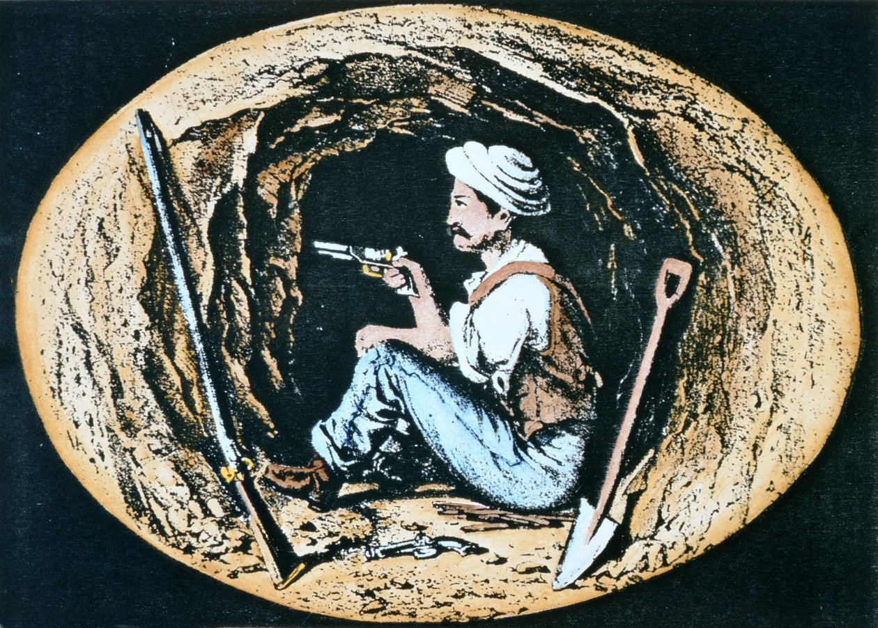 कोल्ट रिवॉल्वर से लैस ब्रिटिश सैपर दुश्मन के काउंटर-सैपर को तोड़ने के लिए खदान में इंतजार कर रहा है द्वारा क्लिफर्ड हेनरी मेखम