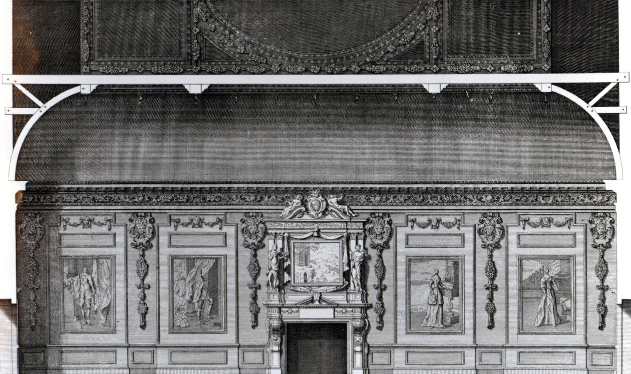 विल्टन में ग्रेट डाइनिंग रूम की धारा, इन विट्रो जोन्स द्वारा डिजाइन के बाद, एच। हल्सबर्ग द्वारा उत्कीर्ण, &39;विट्रुवियस ब्रिटानिकस&39;, 1717 में प्रकाशित द्वारा कॉलन कैंपबेल