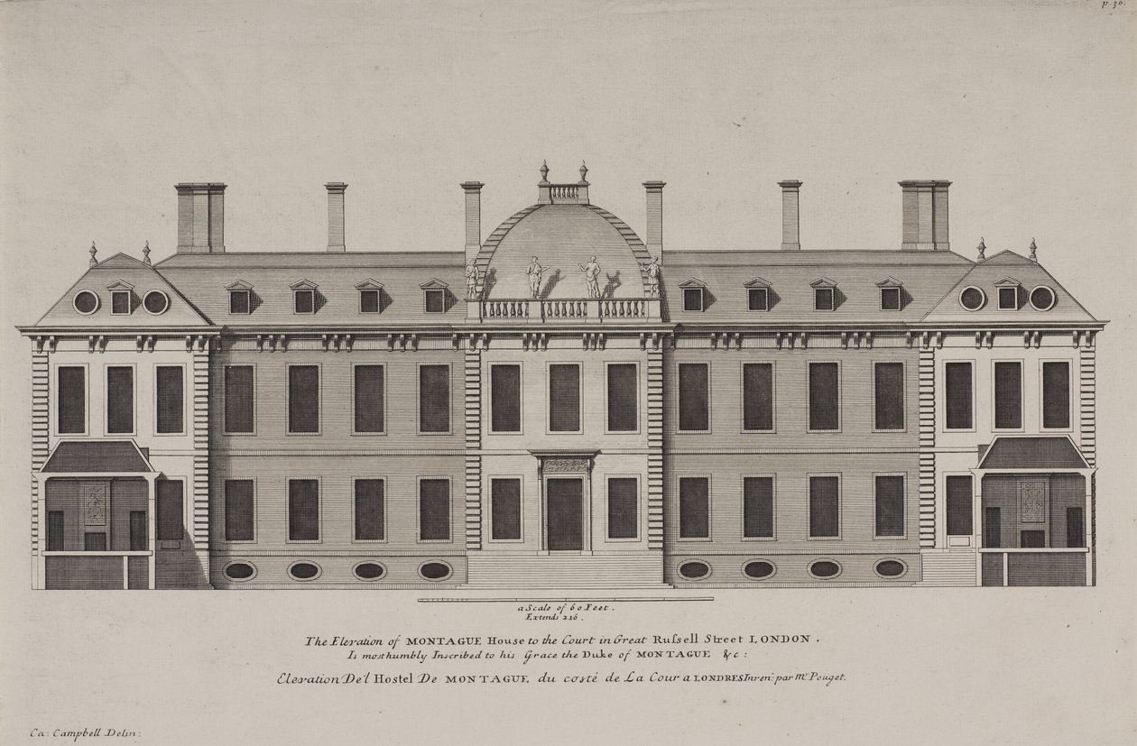 ग्रेट रसेल स्ट्रीट, होलबोर्न के दरबार में मोंटेग हाउस की ऊंचाई, c.1725 (उत्कीर्णन) द्वारा कॉलन कैंपबेल
