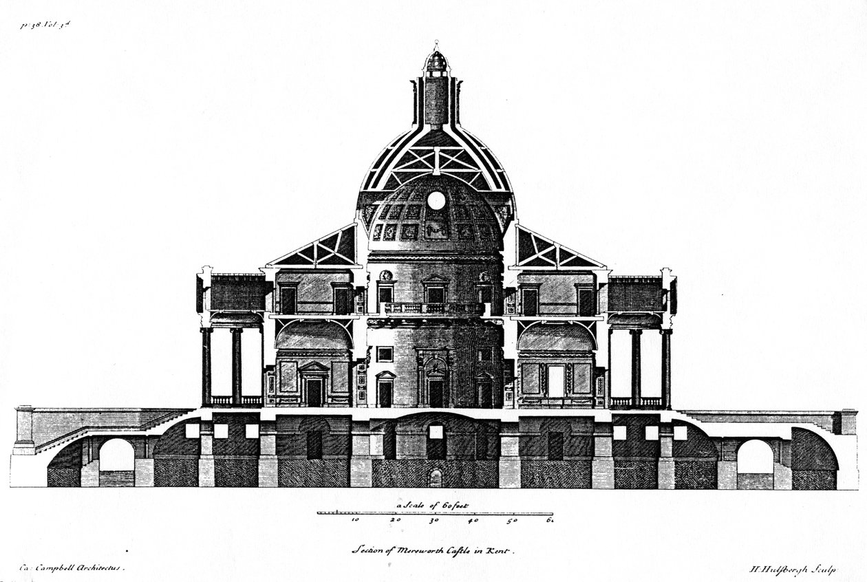 केंट में मेरवोरथ कैसल की धारा, एच। हुल्सबर्ग द्वारा उत्कीर्ण, c.1722-24 द्वारा कॉलन कैंपबेल