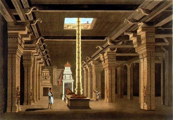 एक चौट्री, या पूजा का स्थान, इरिचिनोपॉली की चट्टान के शीर्ष से उकेरा गया, मालाबार द्वारा उच्च प्रतिष्ठा में, 'ट्वेंटी फोर व्यूज़ इन हिंदोस्तान' से प्लेट 4, जोसेफ कॉन्सटेंटाइन स्टैडलर (fl.1780-1812) पब द्वारा उकेरा गया। . एडवर्ड ओरमे द्वारा (1774-सी द्वारा कर्नल फ्रांसिस स्वैन (बाद में) वार्डो