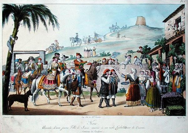 बेज़ार्ड 1825 (रंगीन लिथो) द्वारा उकेरी गई इटली के कालियरी क्षेत्र में बारात द्वारा कॉमिनोटी कॉमिनोटी