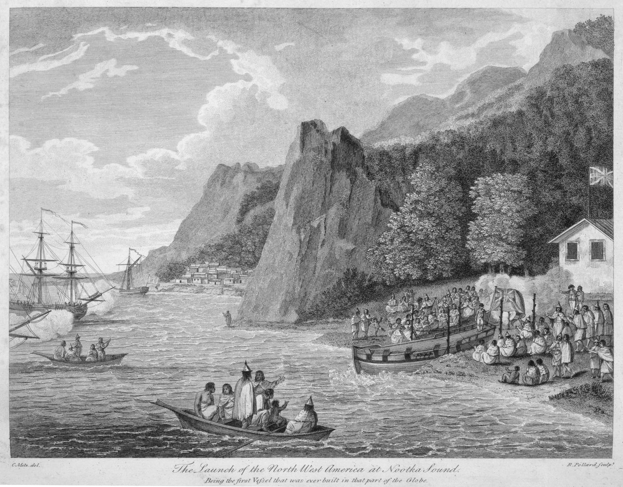 नुट्का साउंड में उत्तर पश्चिम अमेरिका की शुरूआत, &39;वॉयज मेड इन द इयर्स 1788 और 1789, चीन से अमेरिका के नॉर्थ वेस्ट कोस्ट&39; तक, कप्तान जॉन मेयर्स (1756-1809) ने रॉब द्वारा उकेरी द्वारा कॉनराड मार्टिन मेट्ज़