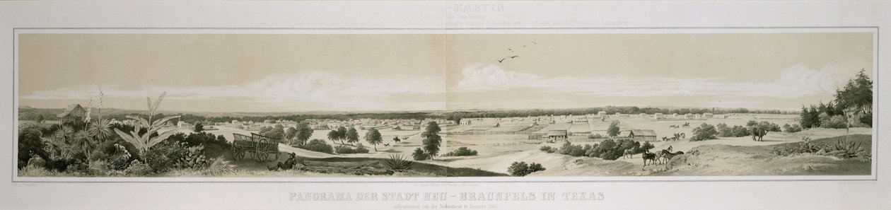 1847 की गर्मियों में दक्षिण-पश्चिम की ओर से टेक्सास में न्यूरो-ब्रौनफेल्स शहर का पैनोरमा द्वारा कॉनराड कैस्पर (बाद) रॉर्डफोर