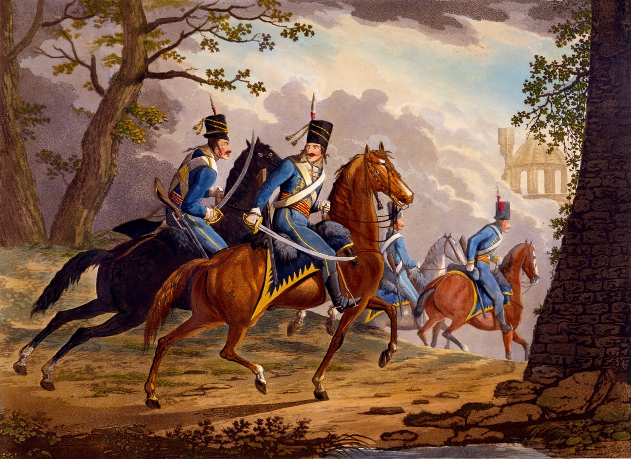 दुश्मन की खोज में ऑस्ट्रियाई हुसर्स, 1799 (हाथ से बने एक्वाटिंट) द्वारा कोनराड गेसनर