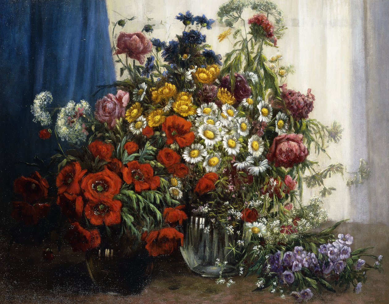 खसखस, गुलदाउदी, Peonies और अन्य जंगली फूल ग्लास Vases (कैनवास पर तेल) में द्वारा कॉन्स्टेंटिन स्टोइट्ज़नर