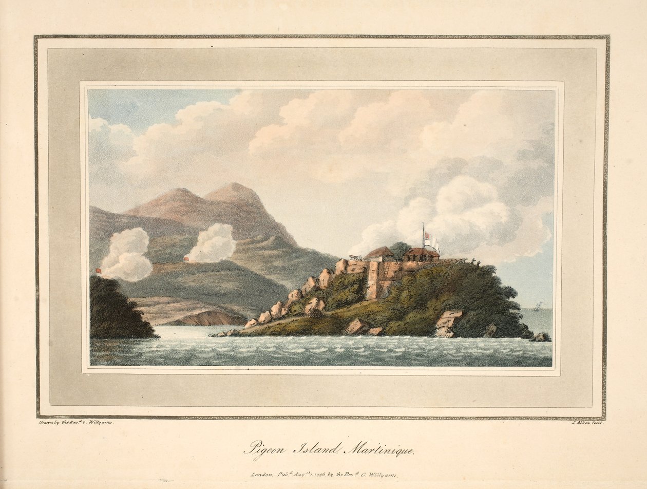 कबूतर द्वीप, मार्टीनिक, रे। कूपर विलीम्स द्वारा &39;एन अकाउंट ऑफ द कैंपेन इन द वेस्ट इंडीज&39; का चित्रण। लंदन 1796 द्वारा कूपर विलीम