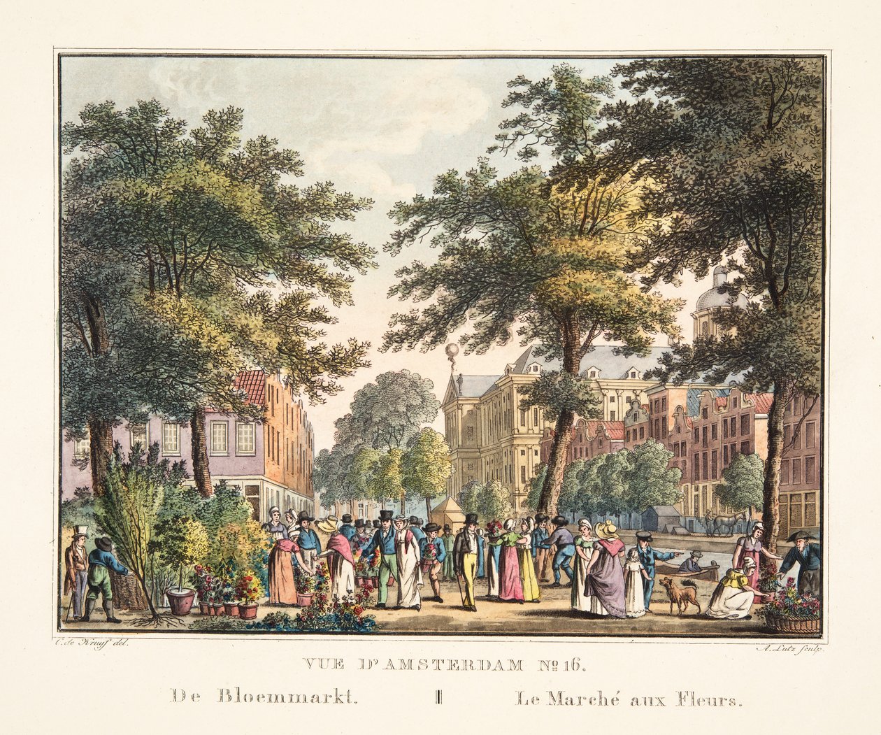एम्स्टर्डम नंबर १ का दृश्य। ब्लॉममार्क से। द फ्लॉवर मार्केट, 1825 (हाथ से रंगा हुआ उत्कीर्णन) द्वारा कॉर्नेलिस डी क्रूफ़