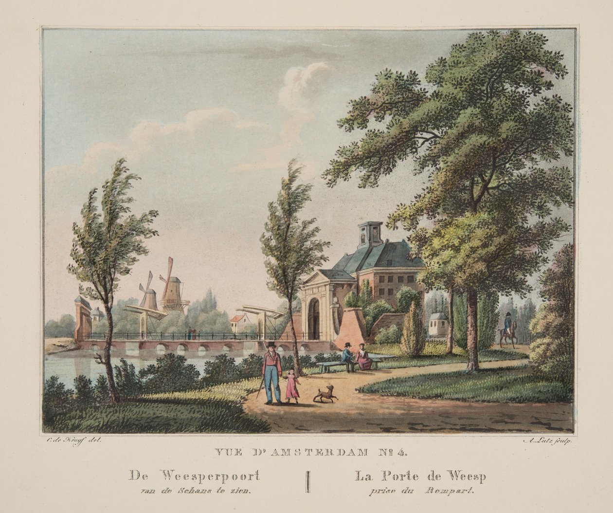 Vue डी&39;अमस्टर्ड नंबर 4। वेस्पेरपोर्ट स्केन्स को देखने के लिए दौड़े। ला पोर्टे डे वेसपेज़ प्राइज़ डु रेम्पर्ट, 1825 (हाथ से रंगा हुआ उत्कीर्णन) द्वारा कॉर्नेलिस डी क्रूफ़