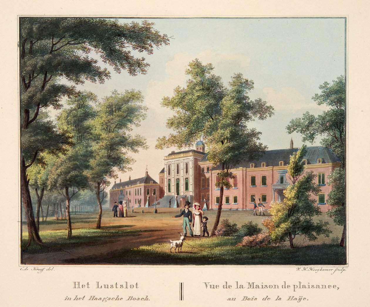 हाग्स्चे बॉश में Lustslot। Vue de la Maison de plaisance, Bois de la Haije, 1825 (हाथ से रंग की नक्काशी) द्वारा कॉर्नेलिस डी क्रूफ़