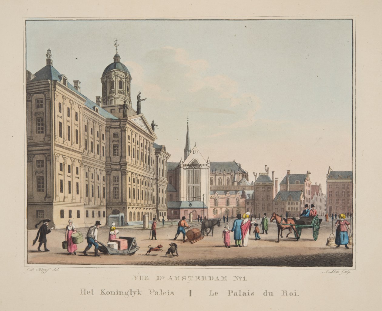 Vue डी&39;अमस्टर्ड नंबर 1। द कोंन्टेक पैलेस। ले पलाइस डू रूई, 1825 (हाथ से सजी नक्काशी) द्वारा कॉर्नेलिस डी क्रूफ़
