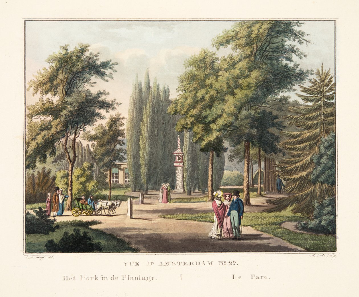 व्यू डी&39;अमस्टर्ड नं .2। बागान में पार्क। Le Parc, 1825 (हाथ से सजी नक्काशी) द्वारा कॉर्नेलिस डी क्रूफ़