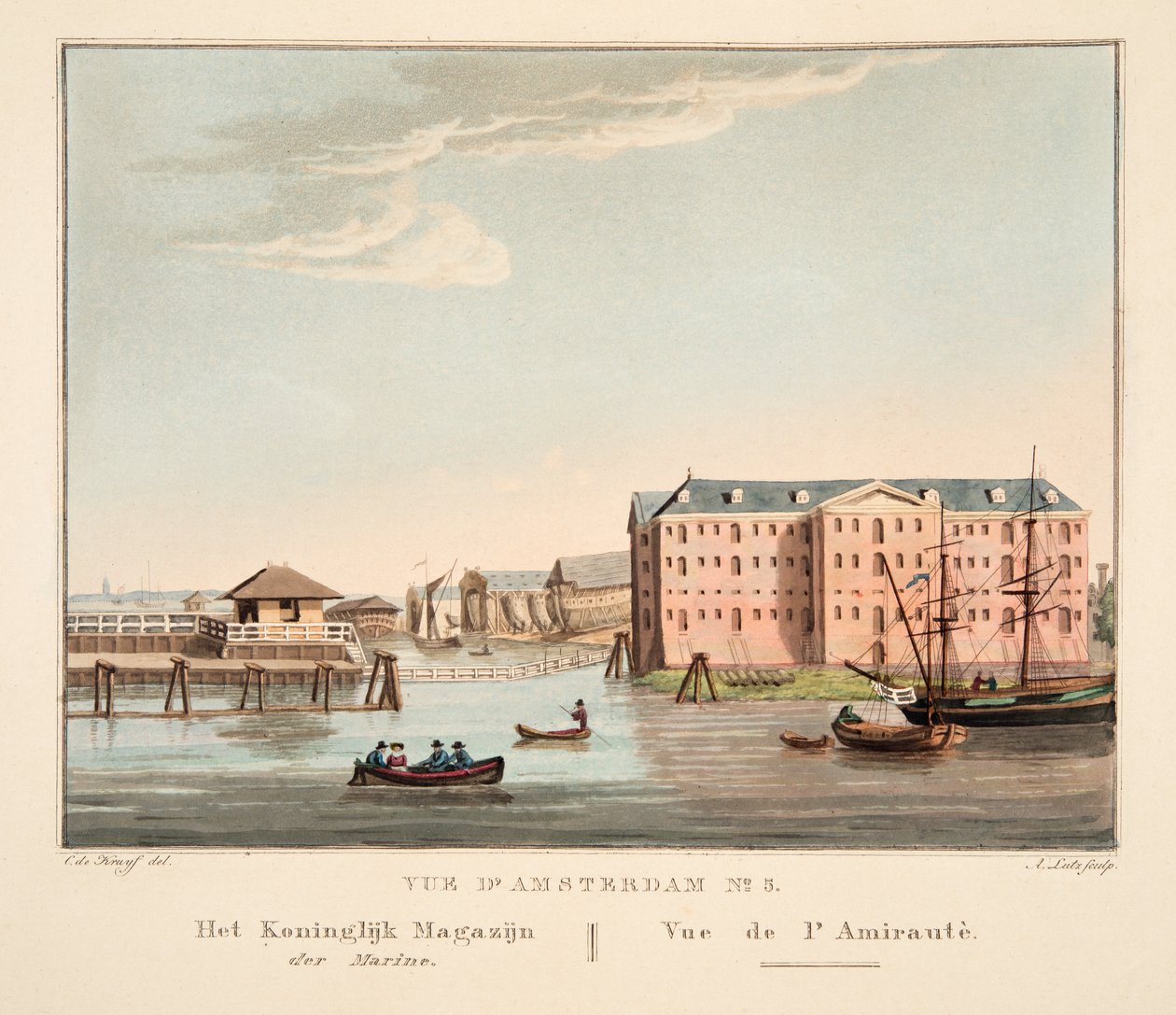 Vue डी&39;अमस्टर्ड नंबर 5। नौसेना का रॉयल वेयरहाउस। Vue de l&39;Amirautè, 1825 (हाथ से बने उत्कीर्णन) द्वारा कॉर्नेलिस डी क्रूफ़