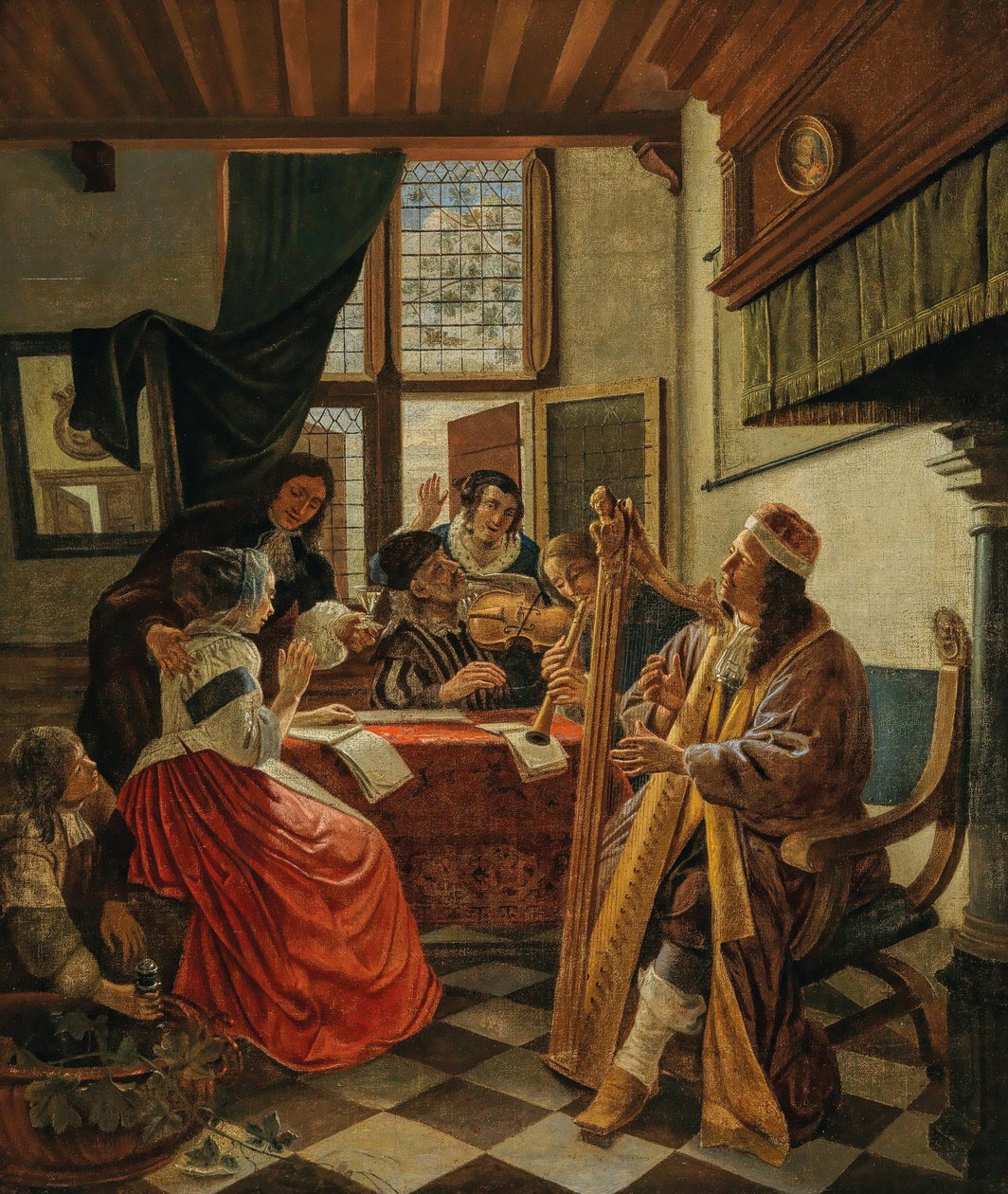 इंटीरियर में संगीत बनाने वाली कंपनी, 1670 के दशक में। द्वारा कॉर्नेलिस डी मैन
