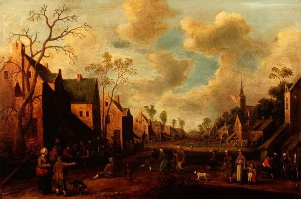 एक गांव की गली में किसानों का मनोरंजन द्वारा कुरनेलियुस ड्रोचस्लूट