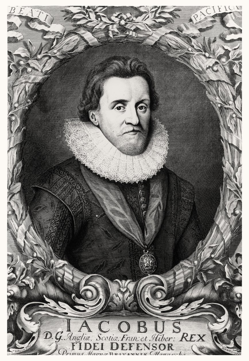 जेम्स I का चित्रण, ग्रेट ब्रिटेन के राजा, R.White, 1669 द्वारा उकेरा गया द्वारा जॉनसन के बाद कॉर्नेलियस I