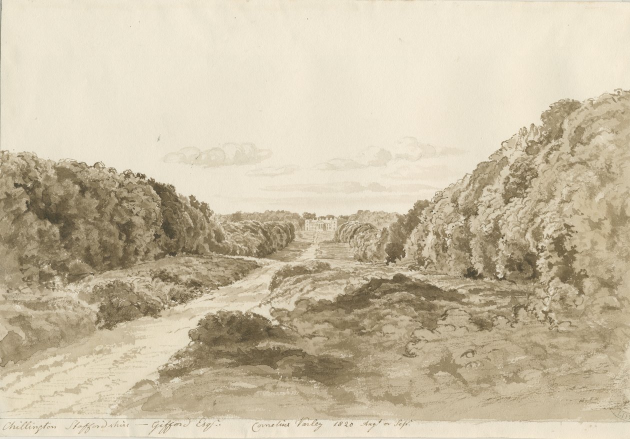 चिलिंगटन हॉल: सीपिया ड्राइंग, 1820 द्वारा कॉर्नेलियस वर्ली