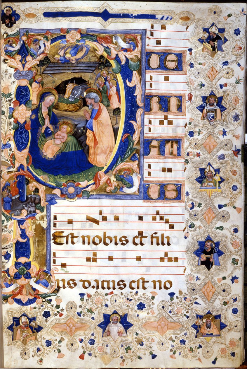 क्रिस्टोफोरो कॉर्टिस द्वारा जन्म का प्रतिनिधित्व करने वाले एक छोटे से "पी" लेट्रिन के साथ 15 वीं शताब्दी का गाना बजानेवालों। 15 वीं शताब्दी की शुरुआत में। द्वारा क्रिस्टोफ़ोरो कोरटेज़