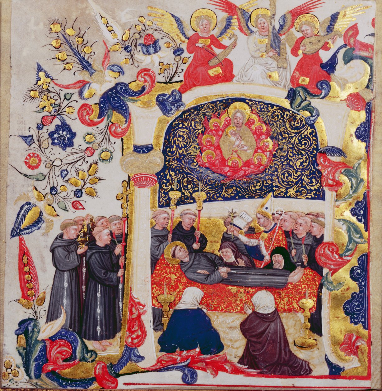 सेंट फ्रांसिस के अंतिम संस्कार को दर्शाती प्रारंभिक &39;ए&39;, c.1410 द्वारा क्रिस्टोफ़ोरो कोरटेज़