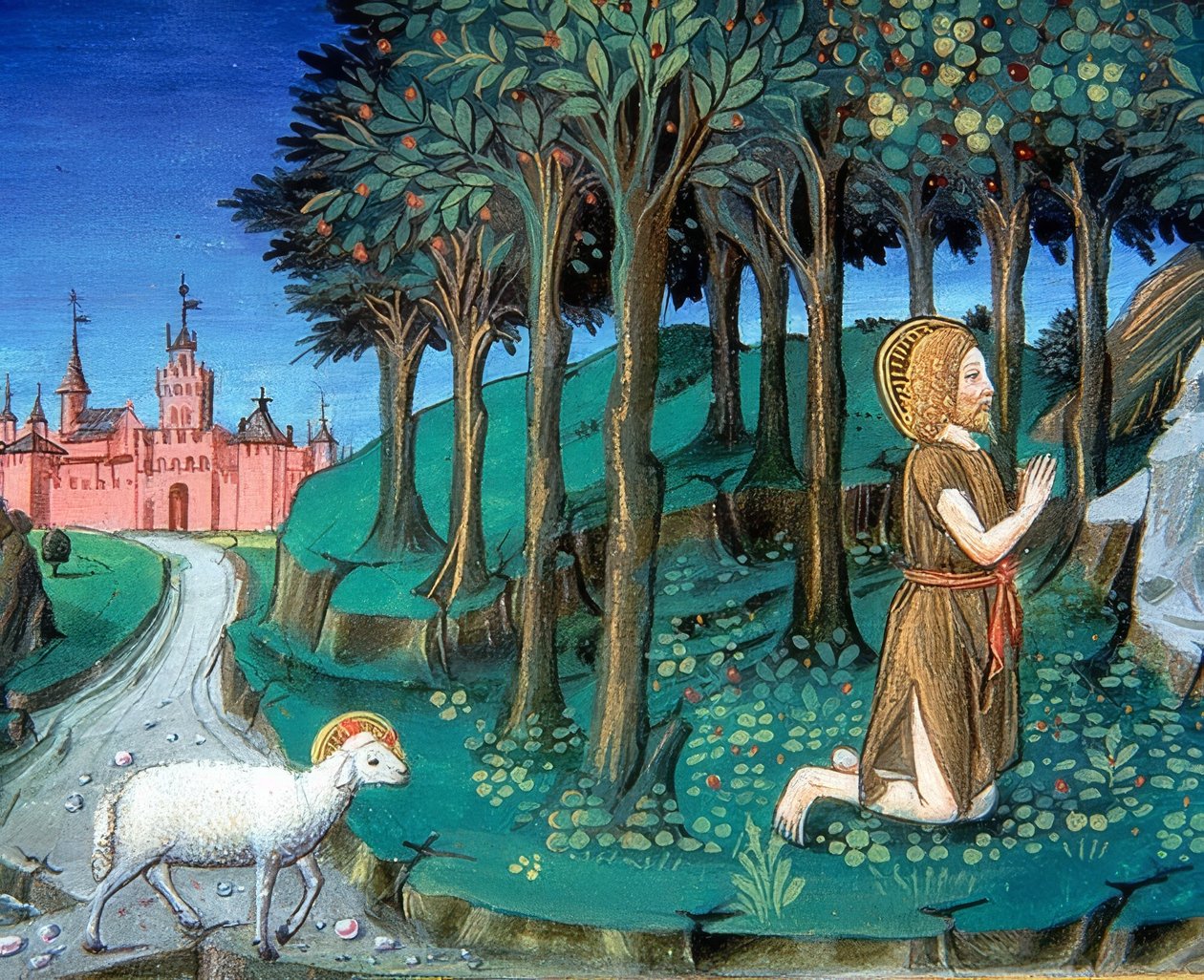 जॉन बैपटिस्ट शहर के द्वार के बाहर प्रार्थना करता है (c.143v)। 1476 द्वारा क्रिस्टोफोरो डी प्रेडिस
