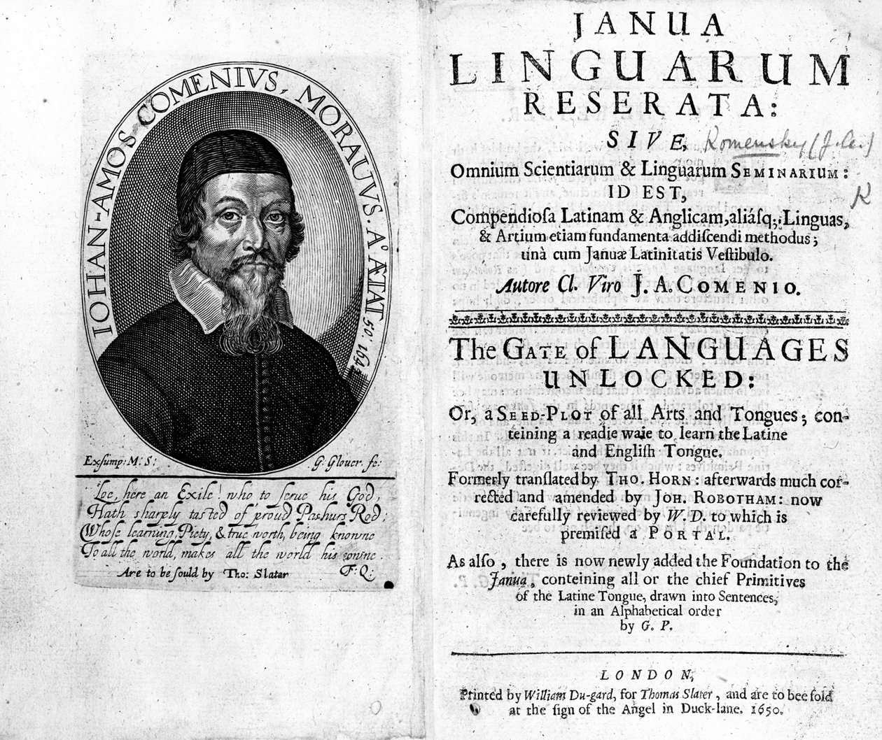जॉर्ज अमोवर, 1650 द्वारा उत्कीर्ण, जन अमोस कोमेन्स्की के चित्र के साथ जनुआ लिंगारुम रिसर्ता के सामने का मैदान और टाइटलपेज द्वारा चेक स्कूल