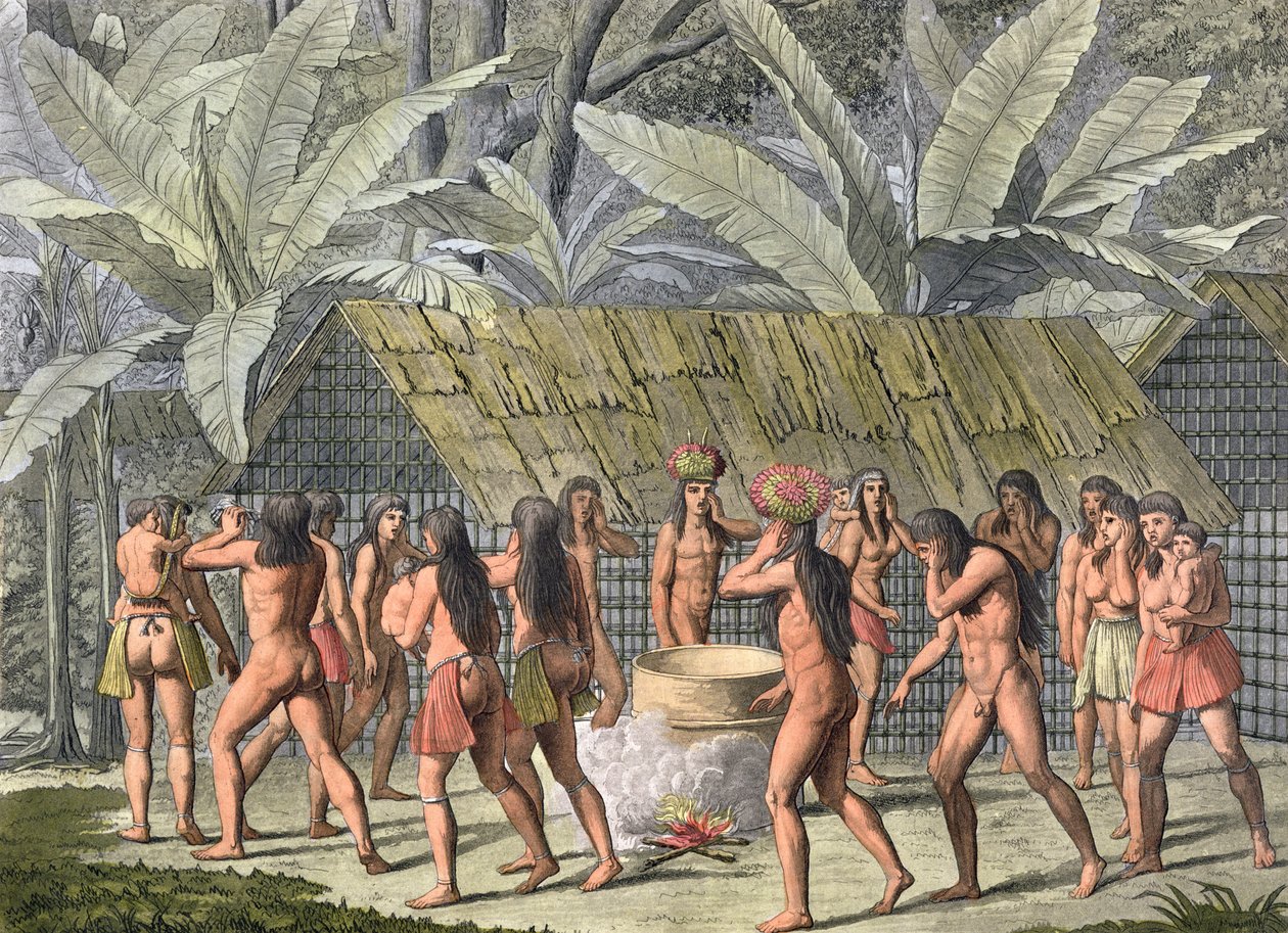 जूल्स फेरारियो द्वारा &39;ले कॉस्टयूम एंसन एट मॉडर्न&39;, वॉल्यूम I, प्लेट 46 से, कैमाकनी इंडियंस, ब्राज़ील का नृत्य उत्सव, प्रकाशित किया गया। c.1820-30 (रंग उत्कीर्णन) (देखें 175757) द्वारा डीके बोनट्टी