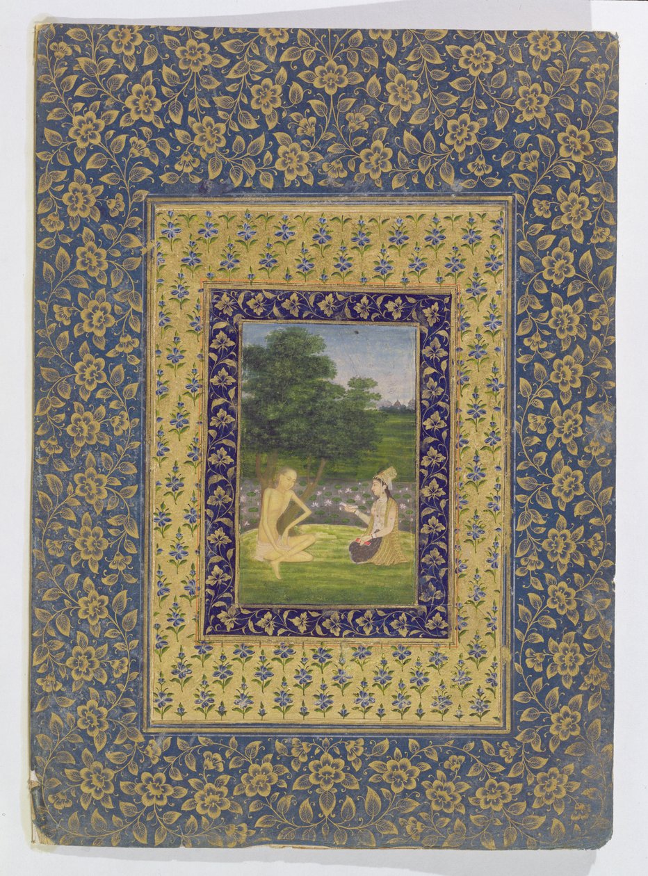 लैला रीडिंग टू मजनून, जो एक पेड़ के नीचे एक कमल कुंड, दिल्ली, c.1720-40 द्वारा बैठता है द्वारा दाल चंद