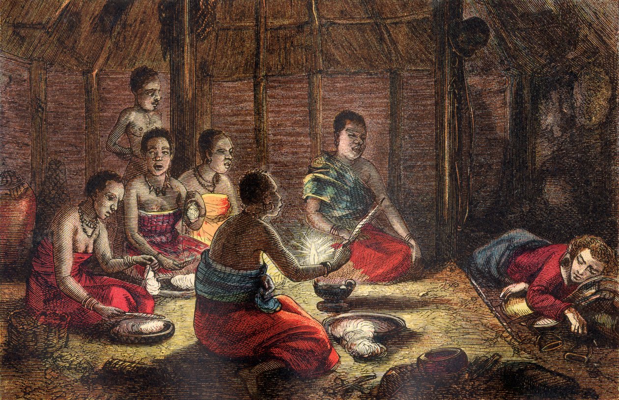 मुंगो पार्क, सेगो में एक मूल निवासी की झोपड़ी में विश्राम, 1796 (रंगीन लकड़बग्घा) द्वारा Dalziel ब्रदर्स